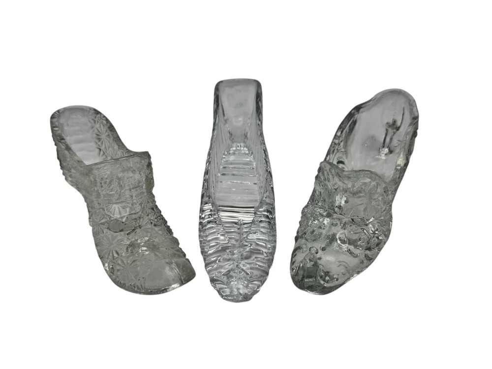 Vntg Glass Shoe Figurine Lot of 3 - Cut Crystal High Heel & Clear Glass Slippers